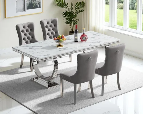 Vista 64 de Juego de 4 mesas de comedor blancas y doradas, mesa de cocina rectangular de 68 pulgadas con parte superior de mármol sintético blanco, mesa de Mesa