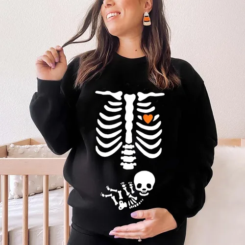 Vista 4 de Sudadera de esqueleto de rayos X para mujer, sudadera de maternidad de Halloween, cuello redondo, sin botones, para anuncio de embarazo