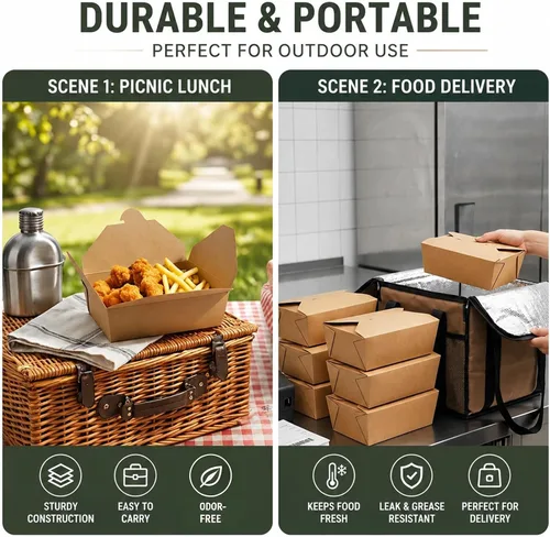 Vista 3 de Kaderron 80 piezas 26 oz (780 ml) contenedores de comida desechables para llevar, cajas de comida marrón, caja de papel kraft para llevar apta