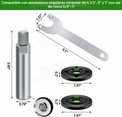Vista 4 de Paquete de 5 accesorios para amoladora angular, 5/8-11, llave inglesa, tuerca de brida y 2 ejes de extensión de 3.937 in, compatible con Makita