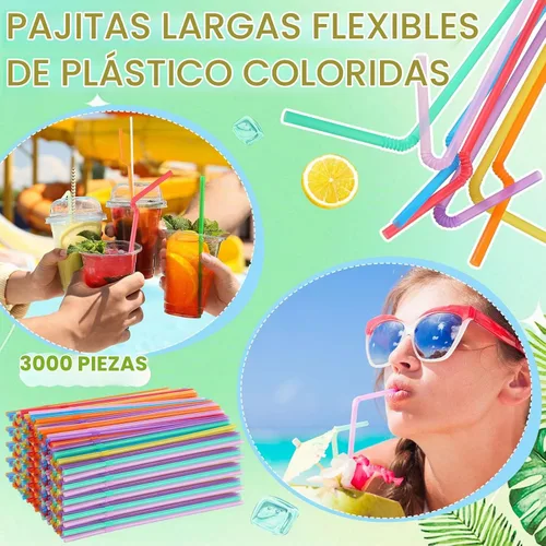 Vista 5 de Eaasty 3000 popotes de plástico flexibles a granel, popotes desechables de plástico, pajitas largas de plástico coloridas, popotes flexibles a