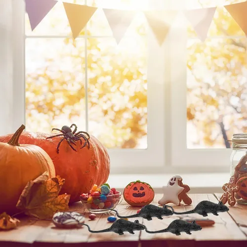 Vista 6 de Toyvian 10 ratas falsas de Halloween, ratas de plástico negras para casa encantada, bar, decoraciones de fiesta, suministros de Halloween aterradores