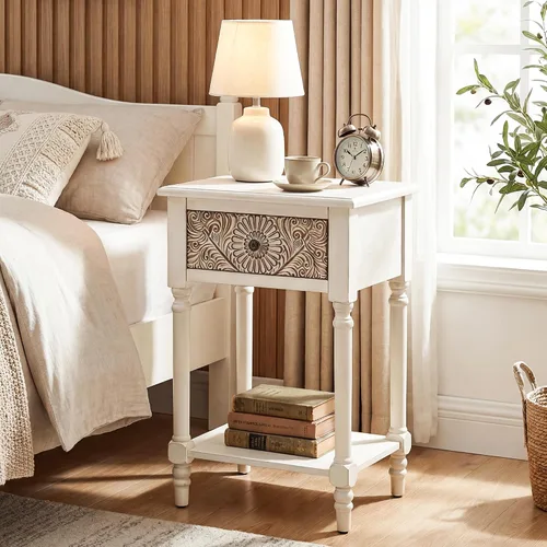 Vista 17 de HOMPUS - Mesa de noche blanca con cajón y almacenamiento, mesa de noche con motivo floral completamente ensamblada para espacios pequeños, mesa