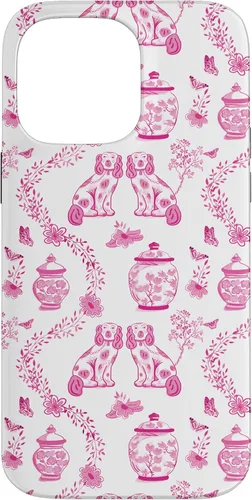 Vista 21 de Preppy - Carcasa para iPhone 16, diseño de perros y tarros de jengibre, color rosa y blanco