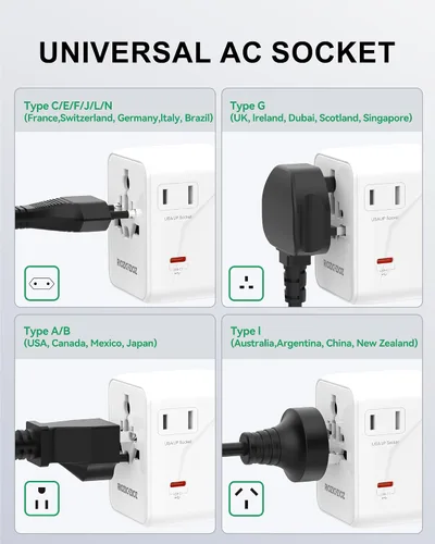 Vista 6 de Adaptador de enchufe de viaje universal de 35 W, adaptador de corriente de carga rápida de 7 puertos PD&QC (2AC y 2USB-A y 3USB-C), cargador