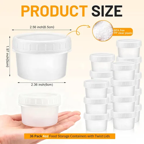 Vista 2 de Paquete de 24 tarros de almacenamiento de alimentos de 4 onzas (4.1 fl oz) con tapas de rosca Reusable Small Refrigerated Jars Plastic Freezer