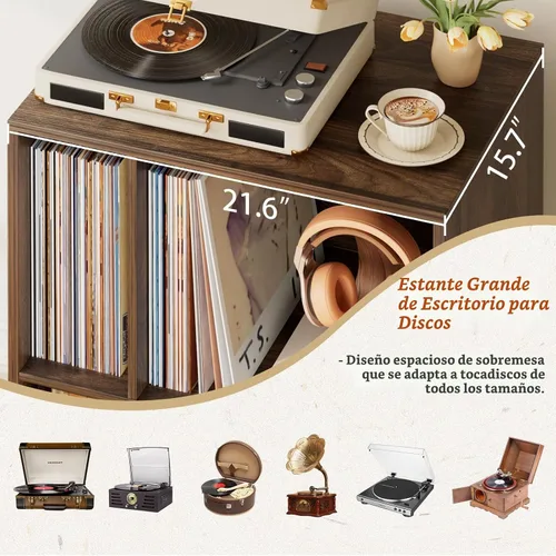 Vista 3 de Bikoney - Soporte para tocadiscos con almacenamiento de vinilo, nogal