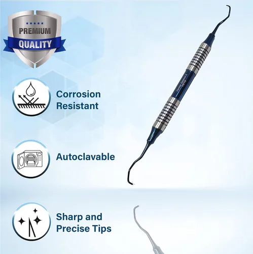 Vista 4 de Cureta Gracey Dental 15/16 Mango Hueco Periodontal Higiene Oral Scalers, Acero Inoxidable Azul Titanio Recubierto Cálculo Tartar Eliminación Médico