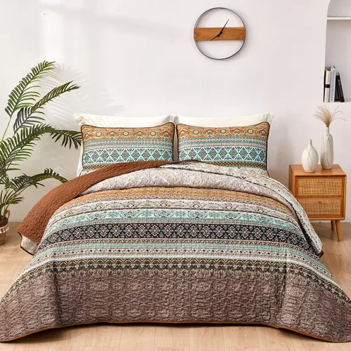 Vista 8 de WONGS BEDDING Juego de edredón bohemio tamaño individual, juego de ropa de cama azul bohemio individual, colcha de microfibra ligera con funda