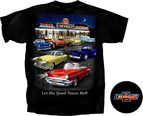 Vista 2 de Joe Blow T's Chevrolet Night Time Vintage Retro Diner Scene Good Times Roll Algodón Preencogido Camiseta - Negro