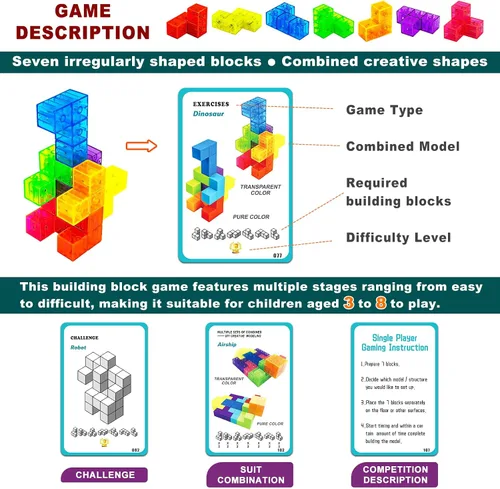 Vista 4 de Bloques de construcción magnéticos, cubos magnéticos 3D, juego de 7 bloques magnéticos de múltiples formas con 54 tarjetas guía, juguetes educativos