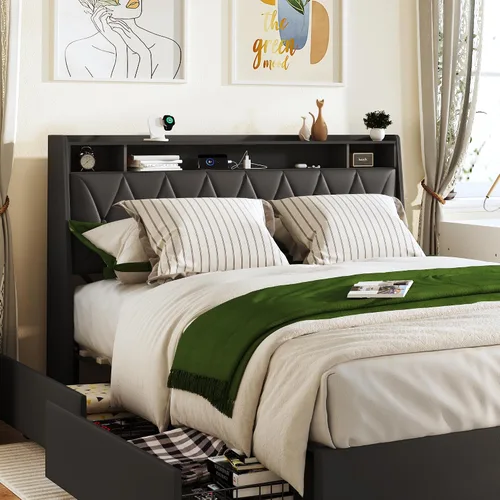 Vista 6 de Base de cama Queen con cabecera ergonómica, base de cama de plataforma tamaño Queen con tomas de corriente y cargador, marco de cama de metal
