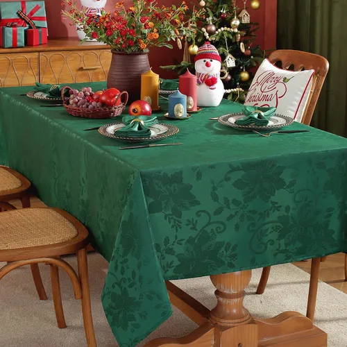 Vista 2 de SASTYBALE Mantel rectangular de Navidad, mantel jacquard verde de 60 x 102 pulgadas con patrón floral de flor de pascua, mantel de tela de damasco