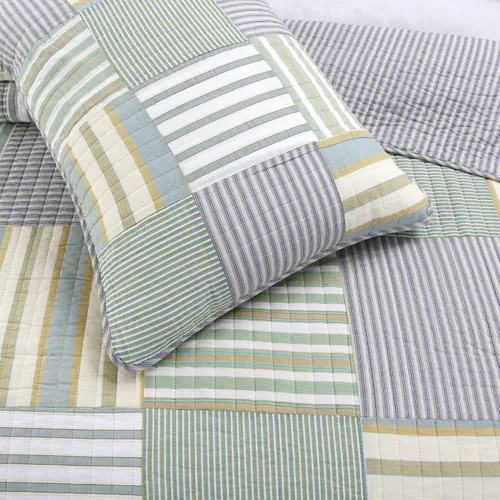 Vista 9 de Juego de ropa de cama de algodón con retazos reales a rayas azul marino, colcha reversible, colcha (Denim, Queen, 3 piezas)
