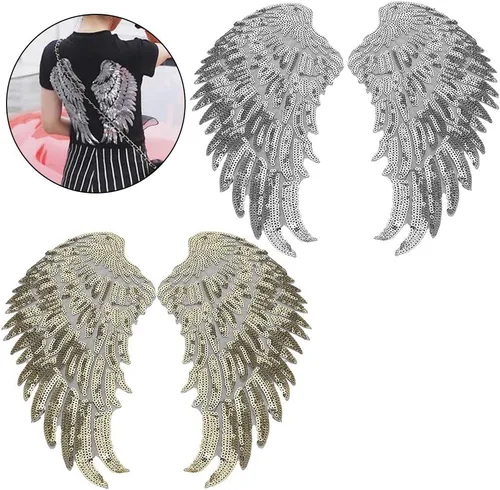 Vista 5 de Lentejuelas alas de ángel, 2 pares de apliques bordados para bricolaje, alas brillantes para coser/planchar en parches de reparación, suministros