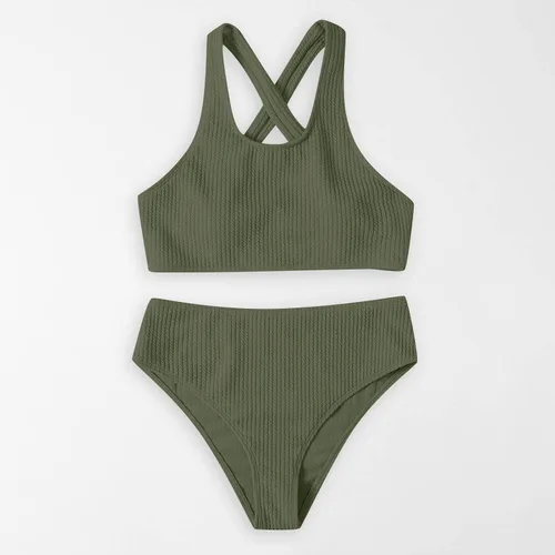 Vista 4 de Traje de baño de dos piezas acanalado sin espalda para mujer, traje de baño de cintura alta de 2 piezas