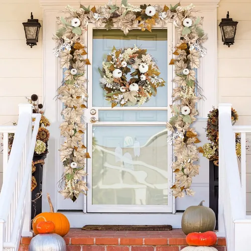 Vista 5 de Decoraciones de otoño para el hogar, guirnalda de hojas de arce de otoño de 6 pies, calabaza y bayas, manto de Acción de Gracias, chimenea