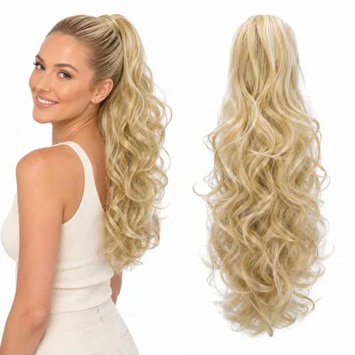 Vista 19 de CAISHA Extensiones de cola de caballo de 18 pulgadas, voluminosas, onduladas, marrón ceniza, mezcla de rubio claro PH35