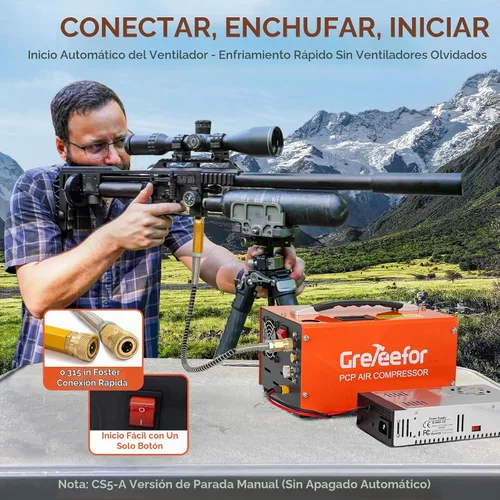 Vista 5 de Compresor de aire PCP, 4500 PSI / 30 MPa, auto de doble potencia 12 V CC o hogar 110 V/220 V CA, mango retráctil, sin agua/aceite