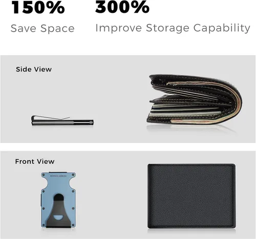 Vista 4 de MONOCARBON Cartera delgada minimalista con bolsillo frontal con bloqueo RFID, clip de dinero para tarjetas de crédito, acero manganeso, Azul