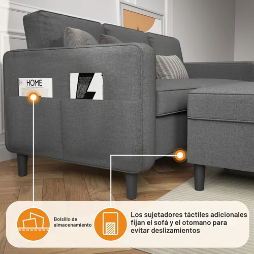 Vista 5 de Sofá seccional y sofás para sala de estar, sofá de 3 asientos gris oscuro de 3 asientos en forma de L con otomana de almacenamiento, sofás