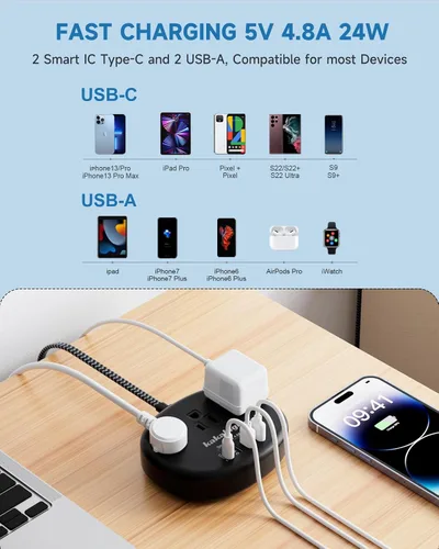 Vista 5 de Cable de extensión negro de 10 pies, cable de extensión de 1625 W, 3 clavijas con 3 salidas de CA, 4 USB (24 W/4.8 A), estación de carga de cabecera