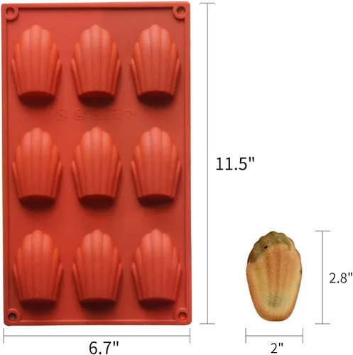 Vista 2 de Molde de Madeleine de 9 cavidades, 2 moldes de silicona antiadherentes, molde para hornear pastel con forma de concha (rojo ladrillo)