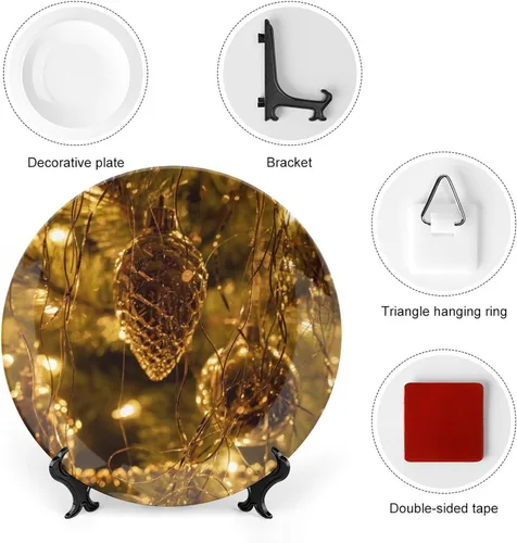 Vista 3 de Placa decorativa para montaje en pared, árbol de Navidad, placa redonda de cerámica con soporte, platos para el hogar, platos de postre, decoración