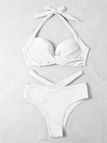 Vista 3 de SOLY HUX Traje de baño de dos piezas para mujer con corte torcido halter push up bikini conjunto traje de baño