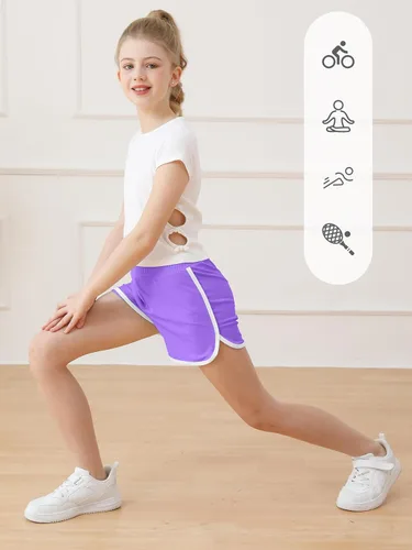 Vista 6 de Resinta Paquete de 4 pantalones cortos de correr para niñas, pantalones cortos deportivos de verano para niños, de secado rápido, pantalones cortos