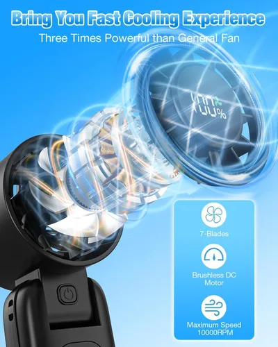 Vista 2 de Ventilador turbo portátil de mano 4 en 1, mini ventilador plegable de 180° de 6 velocidades (1-100), batería recargable de 5000 mAh hasta 15 horas