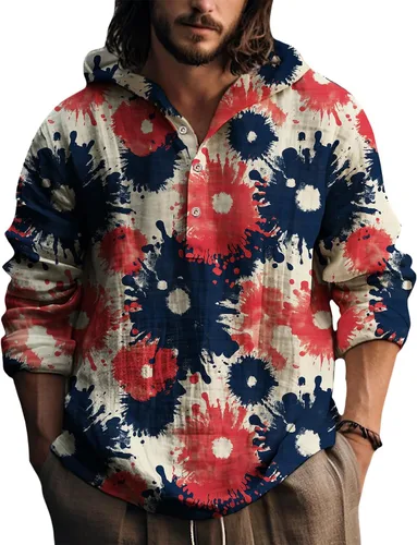 Vista 12 de Sudaderas con capucha para hombre, con estampado de teñido anudado, cuello en V, manga larga, con botones, de gran