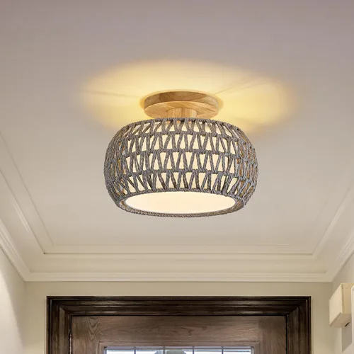 Vista 9 de Lámpara de techo de ratán bohemio, 3 opciones de estilo, luces de techo de mimbre semiempotradas, accesorios de luz costera beige, candelabro