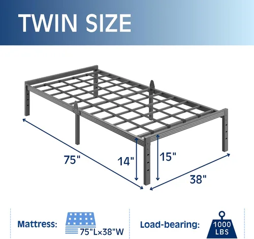 Vista 10 de 12 Inch Heavy Duty Black Metal Platform Bed Frame with Mattress Support, Twin Platform Bed Frame with Under Bed Storage, No Box Spring Needed, Easy
