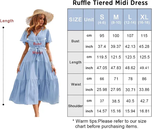 Vista 7 de PRETTYGARDEN Vestidos de verano para mujer 2023, cuello en V, manga corta, bohemio, vestido midi con lazo en la cintura, vestidos de playa