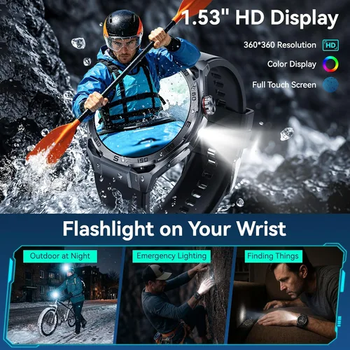 Vista 7 de Military Smart Watches for Men with LED Flashlight, Tactical Rugged Smart Watch with 1.45" HD, 3ATM Waterproof & Compass, Sports Fitness Tracker