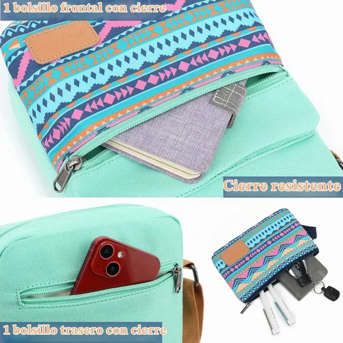 Vista 6 de Leaper - Juego de estuche y cartera bandolera de lona para niñas y mujeres A-verde azulado-r