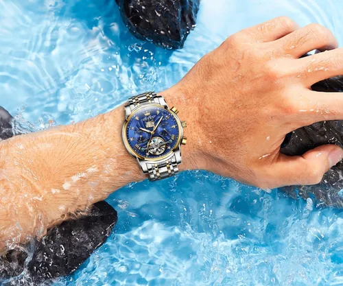 Vista 20 de OLEVS Relojes automáticos para hombre, oro de lujo, vestido de diamantes de cuerda automática, esqueleto mecánico, Tourbillon, reloj de pulsera