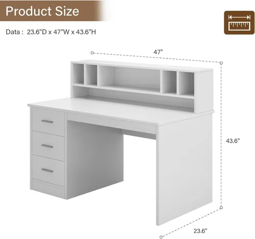 Vista 2 de MaverickFurni Escritorio blanco con cajones, escritorio de oficina en casa de 46 pulgadas con gabinete y almacenamiento, escritorio pequeño con 3