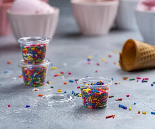 Vista 7 de Paquete de 100 tazas de porción – Tazas de 1 onza con tapas, a prueba de fugas y apilables, vasos de gelatina, tazas de condimentos