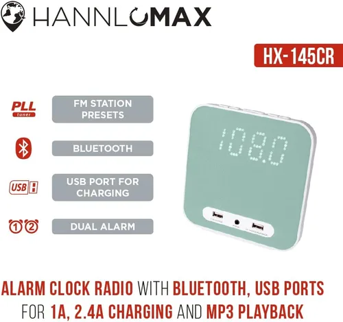 Vista 5 de HANNLOMAX Radio despertador HX-145CR, radio FM PLL, reloj digital con alarma dual, 2 puertos USB para carga de 2.4 A y 1 A, entrada auxiliar, solo