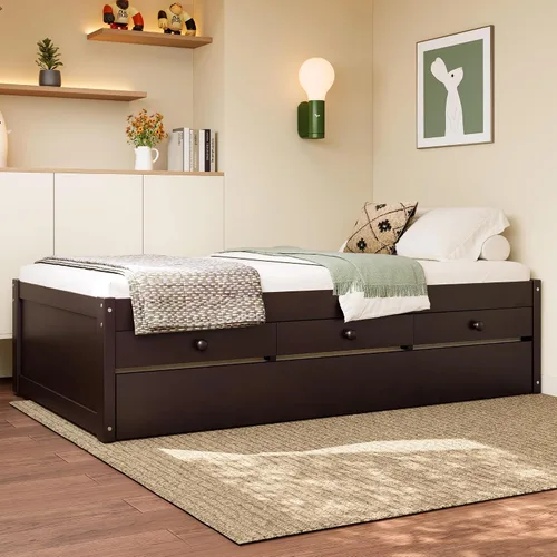Vista 4 de Cama de plataforma individual con nido y cajones de almacenamiento, sofá cama de madera maciza con tomas de corriente y listones completamente