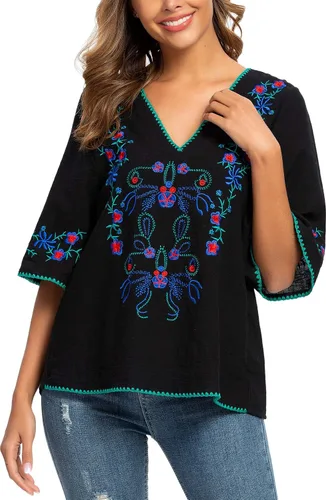 Vista 4 de YZXDORWJ Blusas estilo túnica mexicanas con bordado bohemio de verano para mujer