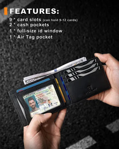 Vista 24 de Billetera AirTag para hombre, de piel auténtica plegable con bloqueo Rfid AirTag con ranuras para efectivo y ventana de identificación, compatible