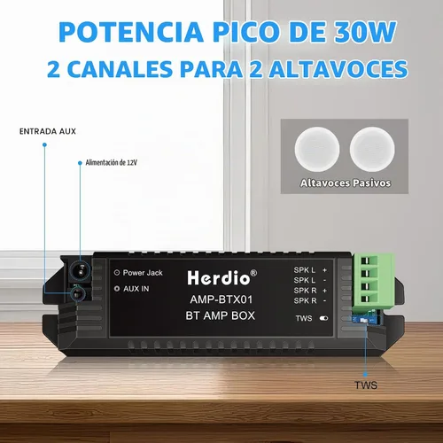 Vista 3 de Herdio Amplificador de audio para el hogar Bluetooth 2.0 Sistema receptor de canales para altavoces pasivos con AUX TWS adecuado para techo, marino