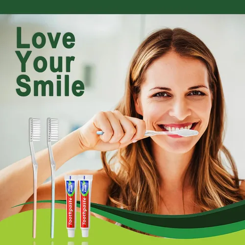 Vista 4 de Paquete de 50 cepillos de dientes desechables con pasta de dientes con 150 púas de hilo dental envueltas individualmente