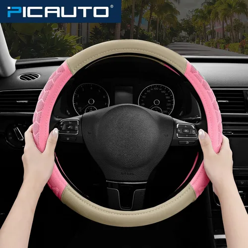 Vista 5 de Cubierta de Volante de Masaje PIC AUTO, Cubierta de Volante de Coche de Cuero Beige y Material de Patrón de Fútbol Rosa Combinado, Cubierta
