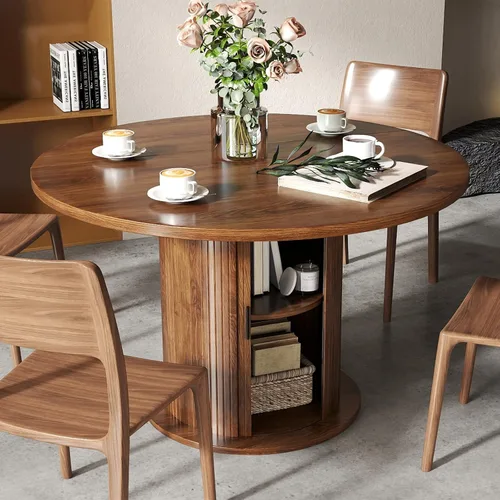 Vista 9 de SoarFlash Mesa de Comedor Redonda de 47 Pulgadas para 4-6, Mesa de Cocina Circular Estilo Granja con Espacio de Almacenamiento, Base de Listones