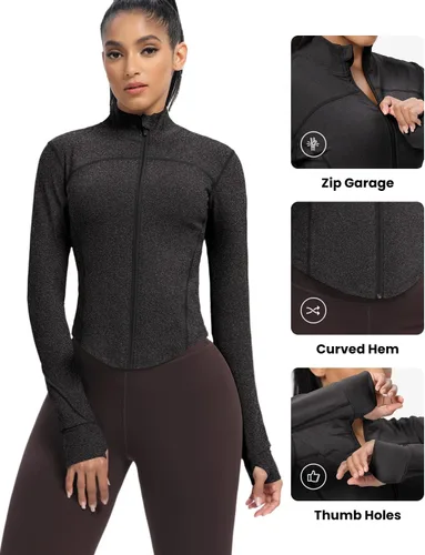 Vista 51 de AVGO Chaquetas de entrenamiento recortadas para mujer, con cremallera, ajustadas, atléticas, con agujeros para el pulgar