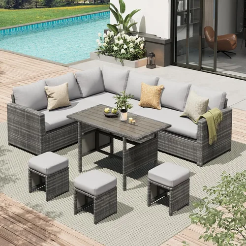 Vista 13 de AECOJOY Juego de muebles de patio al aire libre, 7 piezas de mesa de comedor y sillas seccionales de ratán, sofá de conversación de mimbre para todo